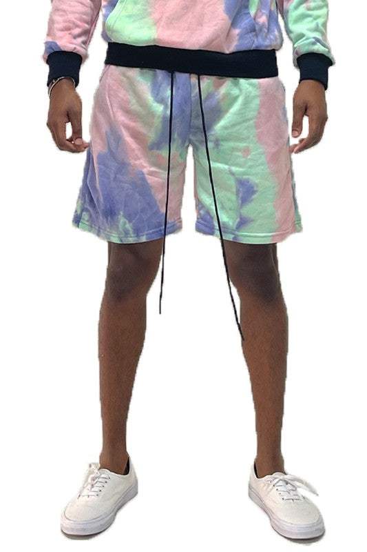 Weiv Mens Tye Dye Sweat Shorts, elastic waist, drawstring, 100% cotton.